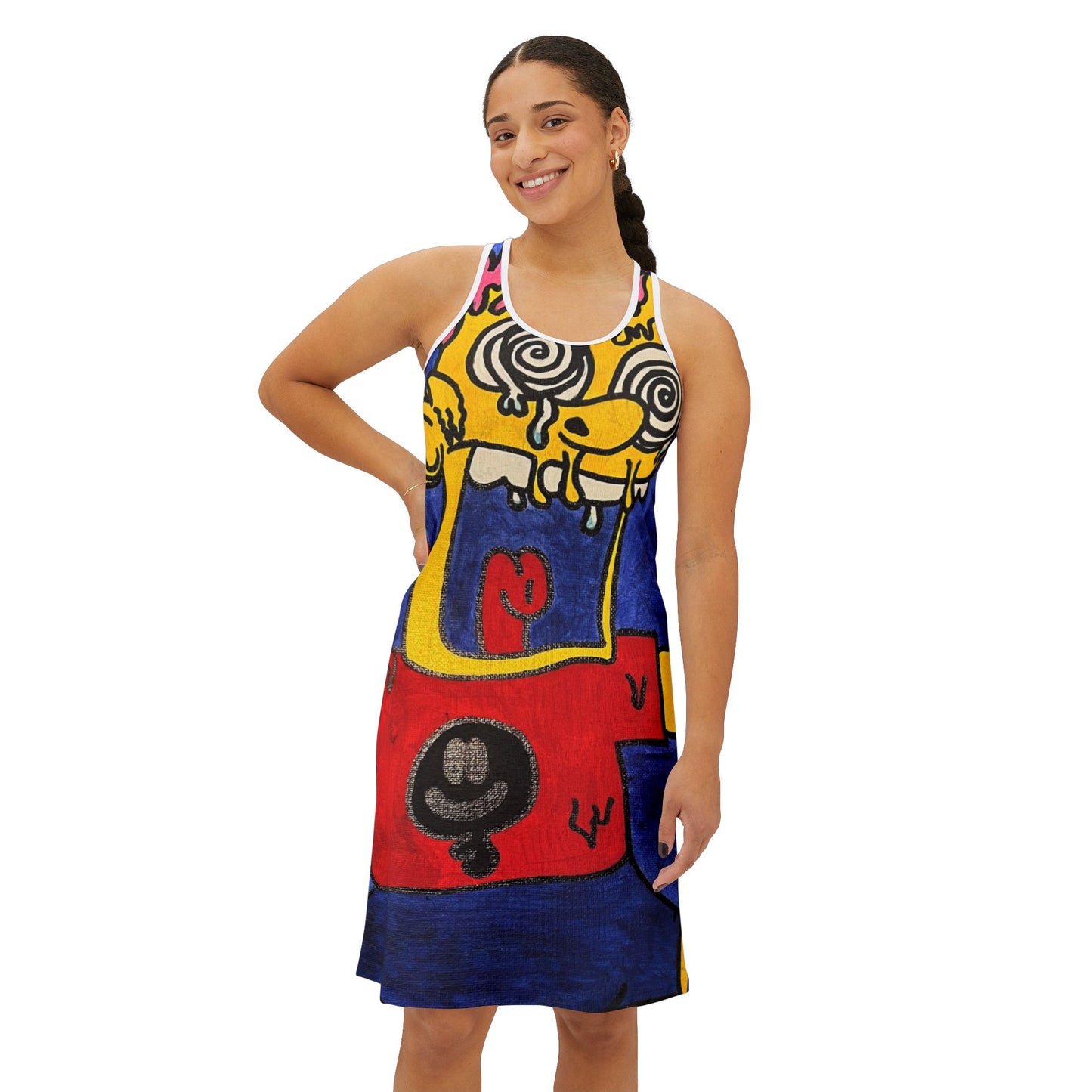 Vibrant Cartoon-Inspired Women's Racerback Dress, Stylish Summer Dress, Unique Pattern Dress, Fun Casual Wear, Gift for Art Lovers