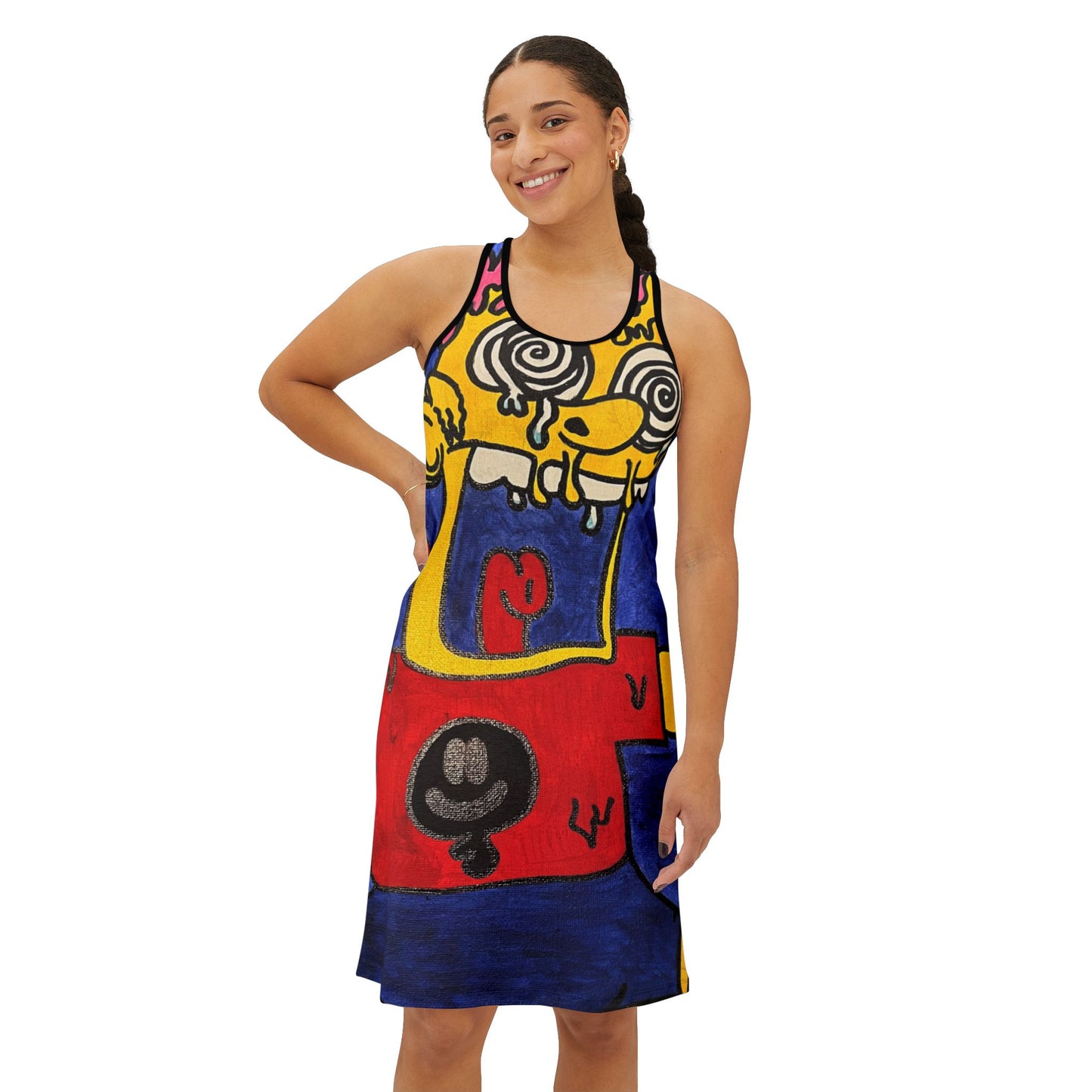 Vibrant Cartoon-Inspired Women's Racerback Dress, Stylish Summer Dress, Unique Pattern Dress, Fun Casual Wear, Gift for Art Lovers