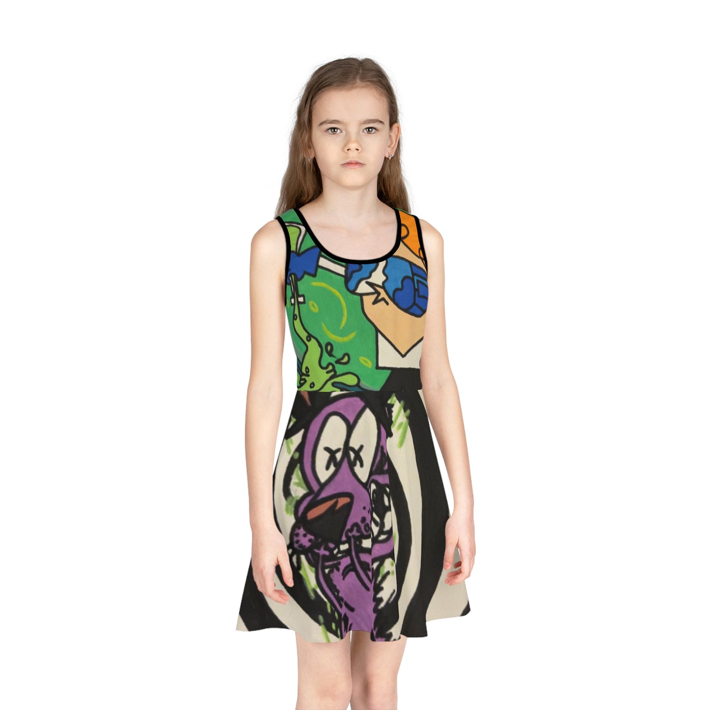 Colorful Cartoon Girls' Sundress, Playful AOP Dress for Kids, Summer Party Dress, Playtime Sundress, Fun Gift for Little Girls