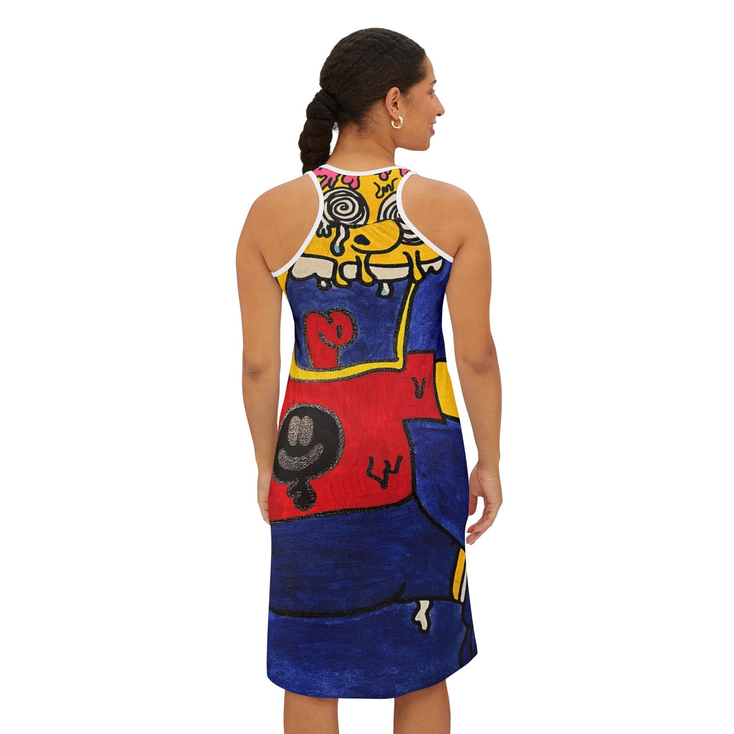 Vibrant Cartoon-Inspired Women's Racerback Dress, Stylish Summer Dress, Unique Pattern Dress, Fun Casual Wear, Gift for Art Lovers