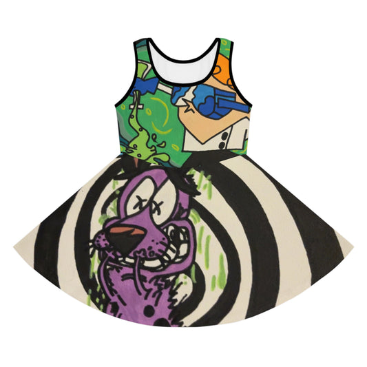 Colorful Cartoon Girls' Sundress, Playful AOP Dress for Kids, Summer Party Dress, Playtime Sundress, Fun Gift for Little Girls